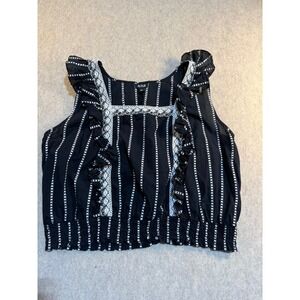 ANA A New Approach Womens XL Black White Striped Lace Ruffle Smocked Crop Top